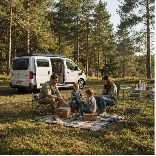 Furgoneta camper elèctrica en una clariana de bosc